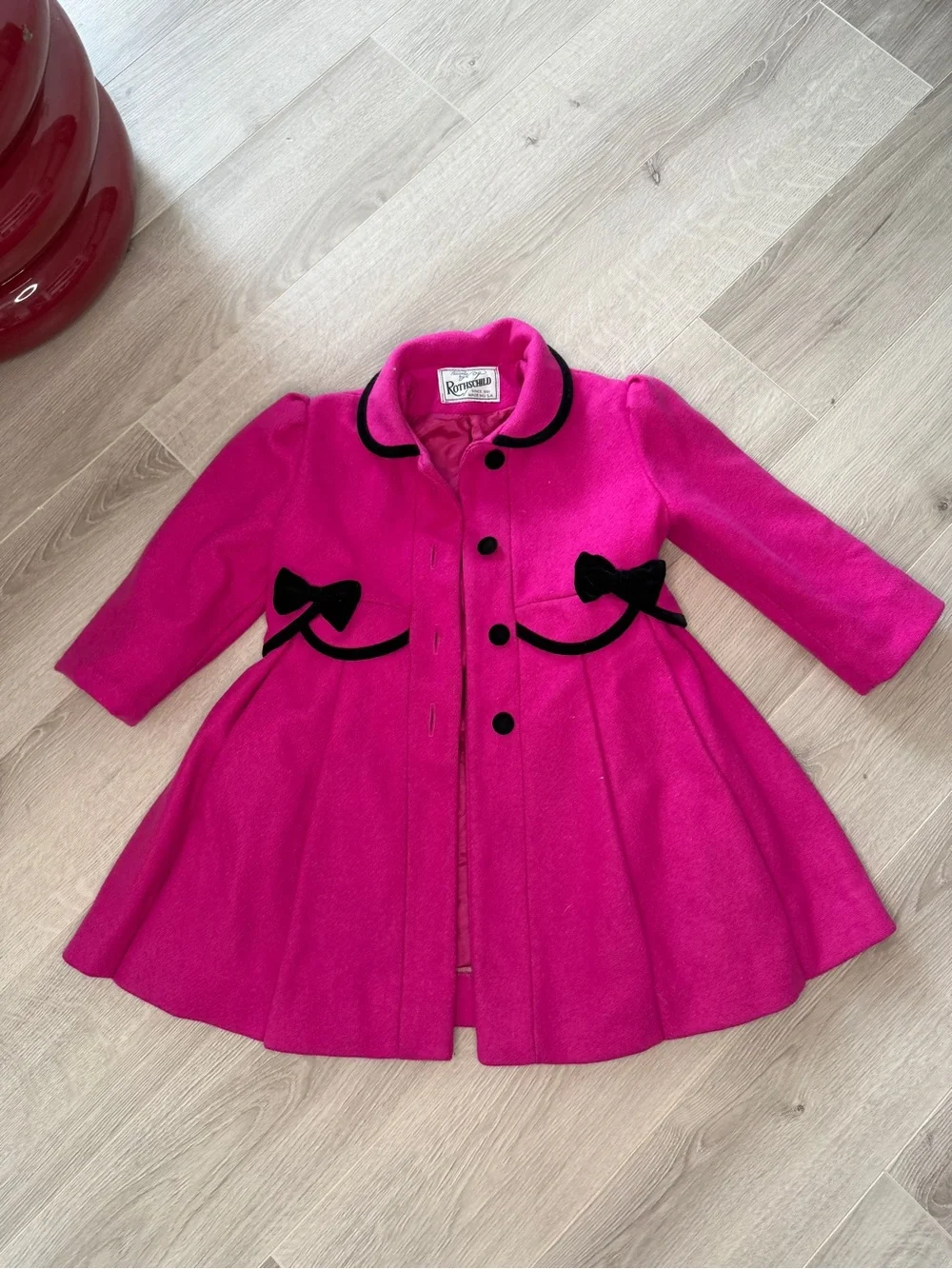 Vintage Rothschild Girls Wool Coat Pink Velvet Bow USA Sz 4